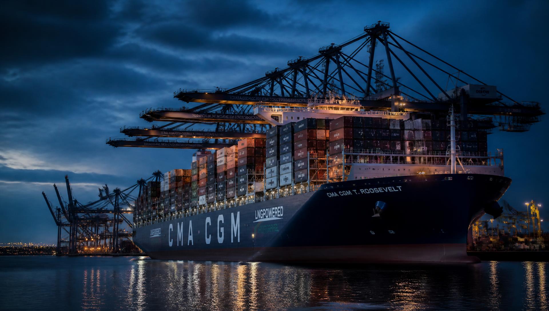 Container ship being loaded by gantry cranes at a Southeast Asian port at dusk